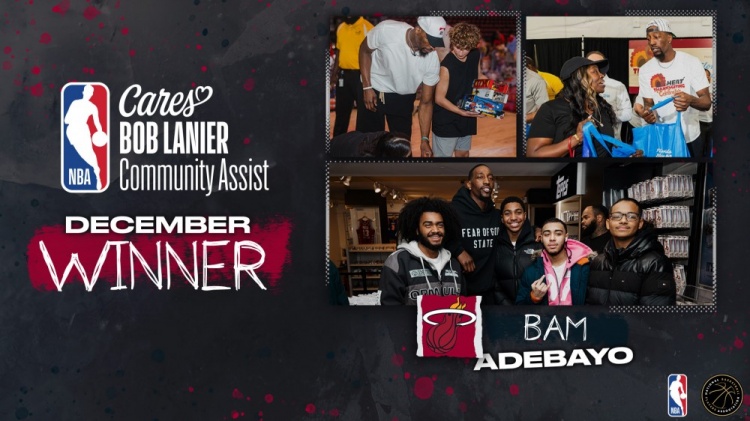 官方：热火中锋阿德巴约获得十二月份鲍勃·兰尼尔社区关怀奖