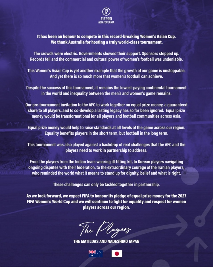 体育彩票开奖结果-澳大利亚女足和日本女足共同发表声明，要求提高女足赛事奖金